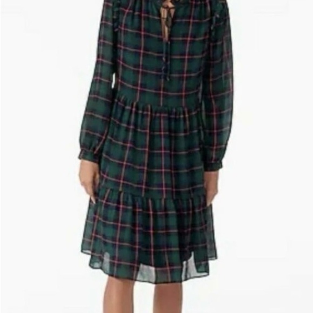 J. Crew Dark Green Plaid Tiered Long Sleeve Dress - Picture 3 of 16